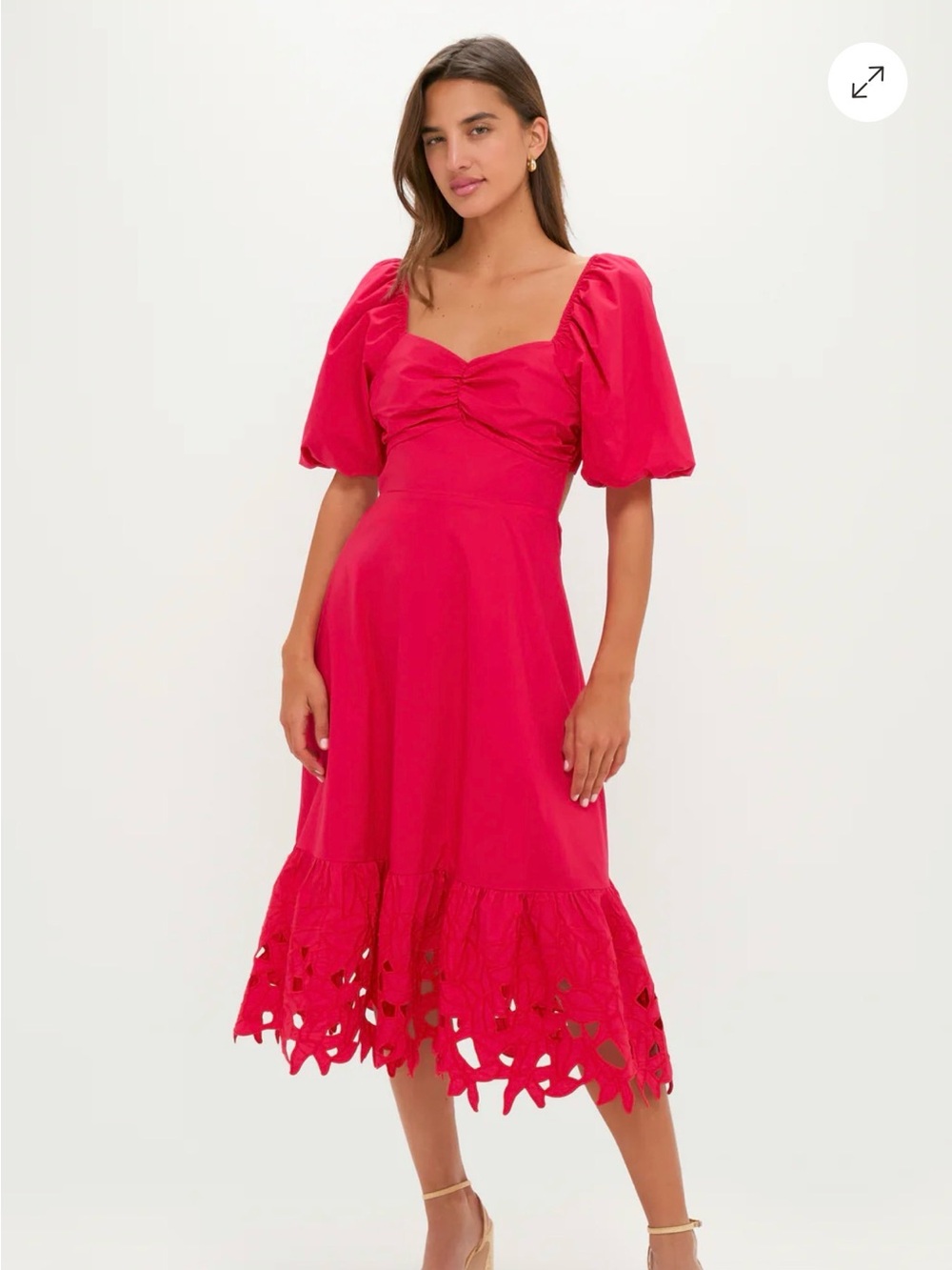 Tuckernuck Hyacinth House NWT Puff-Sleeve red Midi Dress with Laser-Cut Hem